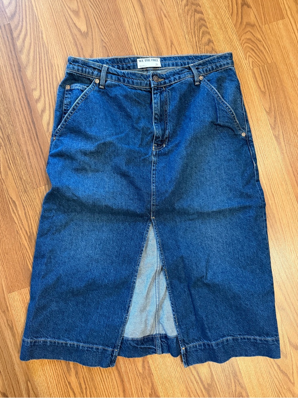 We The Free Free People Denim Midi Skirt Size 31 Dark Wash